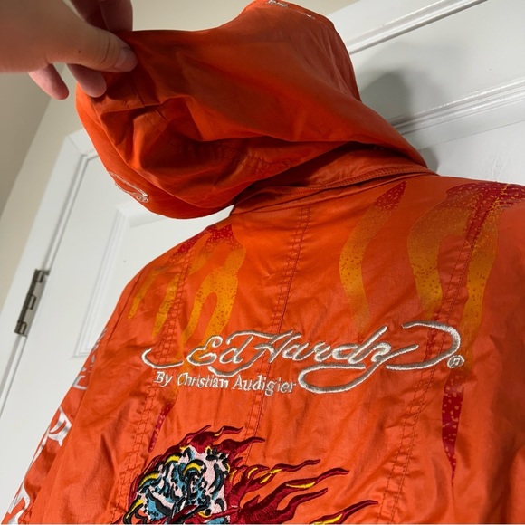 VTG Ed Hardy Trech Coats Embroidered Tiger Tattoo Y2K  Women Small Orange Gothic - Picture 10 of 14